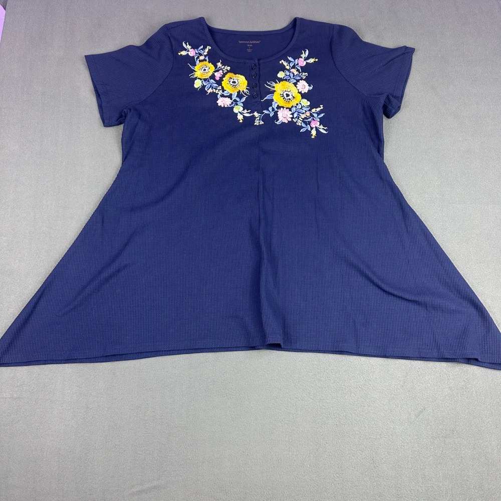 Woman Within Navy Blue Floral Embroidered Waffle Knit Henley Tunic Top 18/20 L